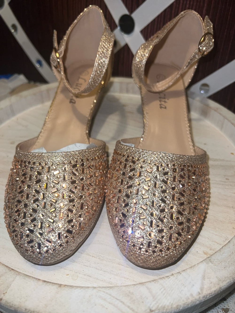 Women's Glitter Cutout Ankle-Strap Flats - Rose Gold